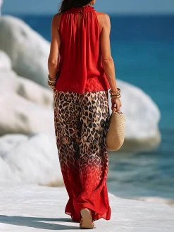 Casual Leopard Colorblock Wide Leg Pants No Belt