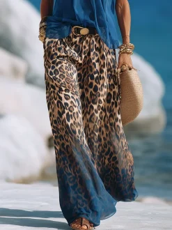Casual Leopard Colorblock Wide Leg Pants No Belt