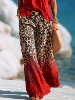 Casual Leopard Colorblock Wide Leg Pants No Belt