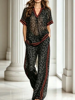 Casual Leopard Printing Shawl Collar Blouse