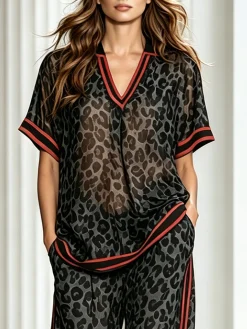 Casual Leopard Printing Shawl Collar Blouse