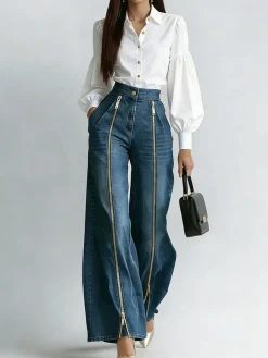 Casual Long Straight Pants H-Line Zipper Regular Fit Daily
