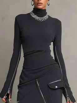 Casual Mock Neck T-Shirt Tight T-Line Long Sleeve Breathable Top