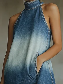Casual Natural Denim Mini Dress Stand Collar Daily Wear