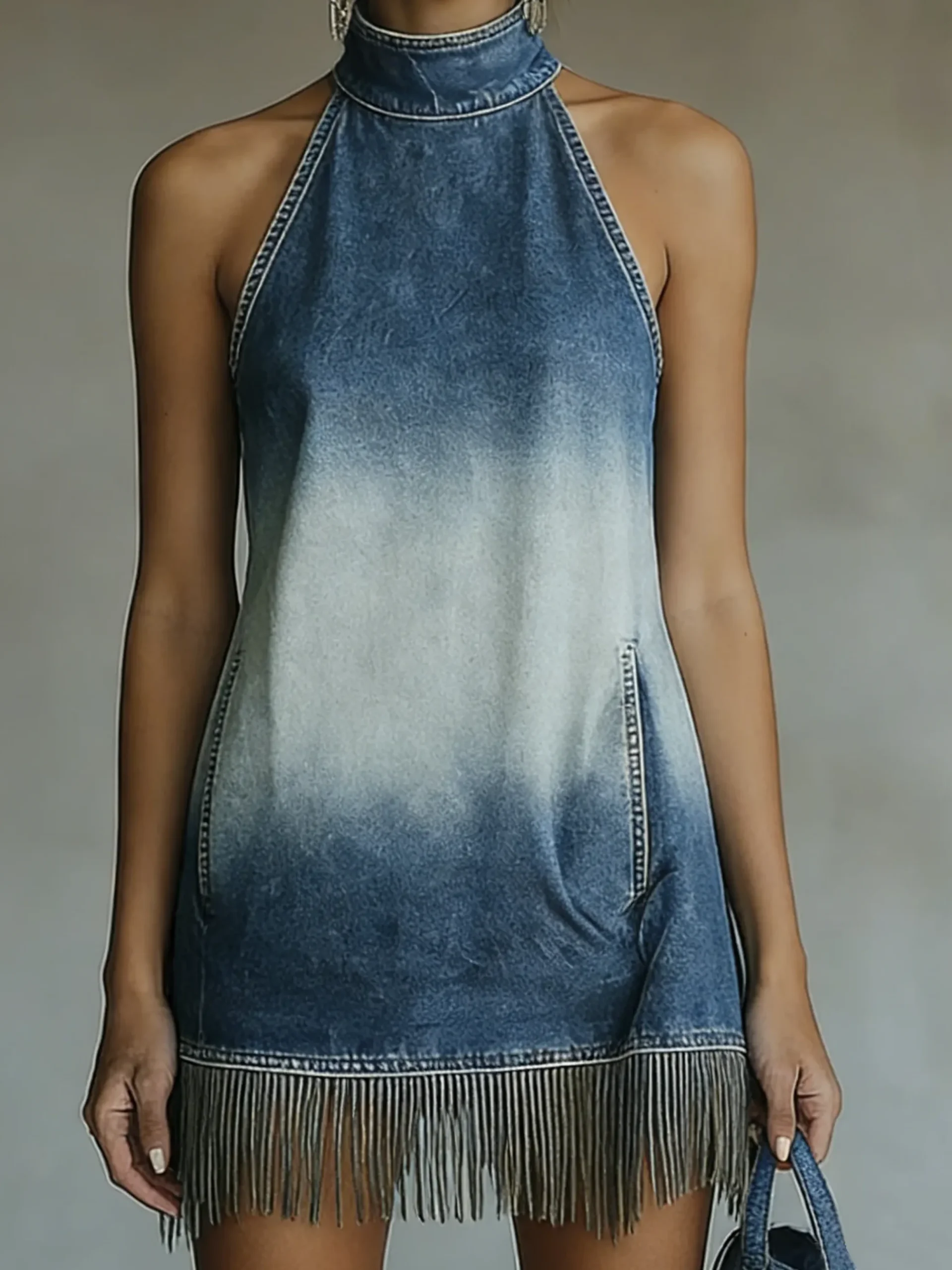 Casual Natural Denim Mini Dress Stand Collar Daily Wear