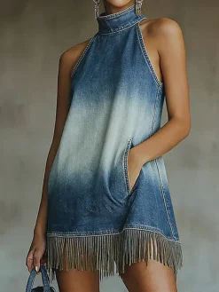 Casual Natural Denim Mini Dress Stand Collar Daily Wear