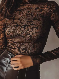 Casual Paisley Printing Turtleneck T-shirt