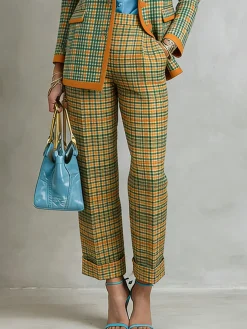 Casual Plaid High Waist Straight Pants H-Line Spring Trousers