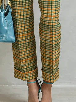 Casual Plaid High Waist Straight Pants H-Line Spring Trousers