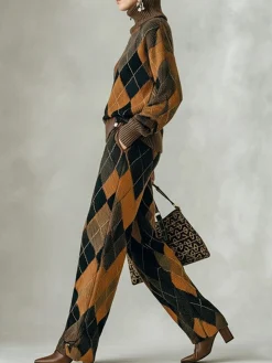 Casual Plaid Sweater Straight Pants