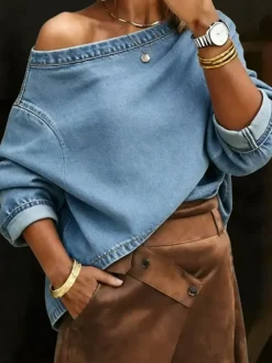 Casual Plain Asymmetrical Denim Top