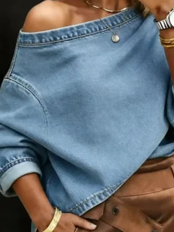 Casual Plain Asymmetrical Denim Top