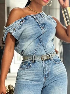 Casual Plain Distressing Off The Shoulder Denim Top
