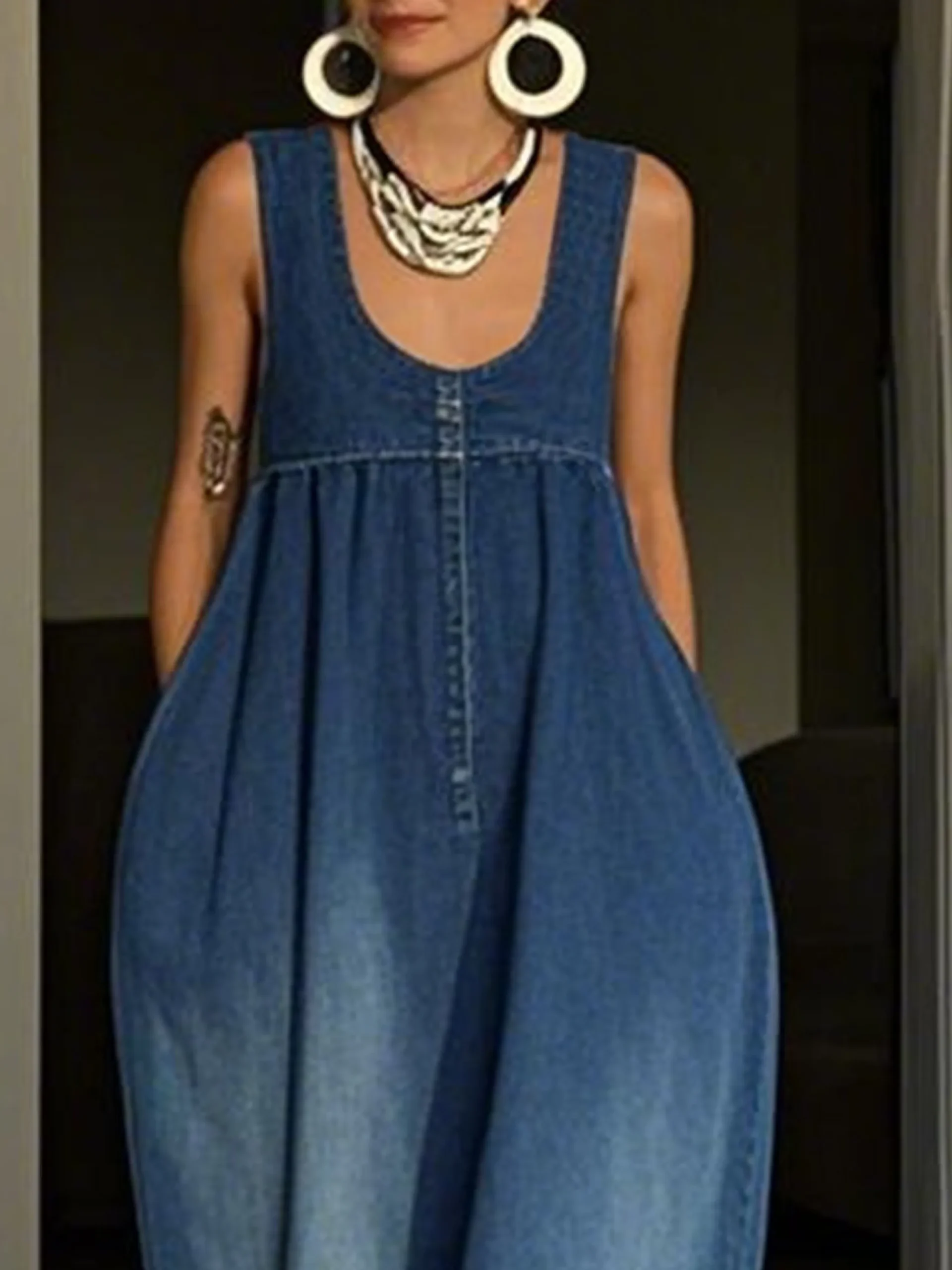Casual Plain Distressing U-Neck Denim Maxi Dress