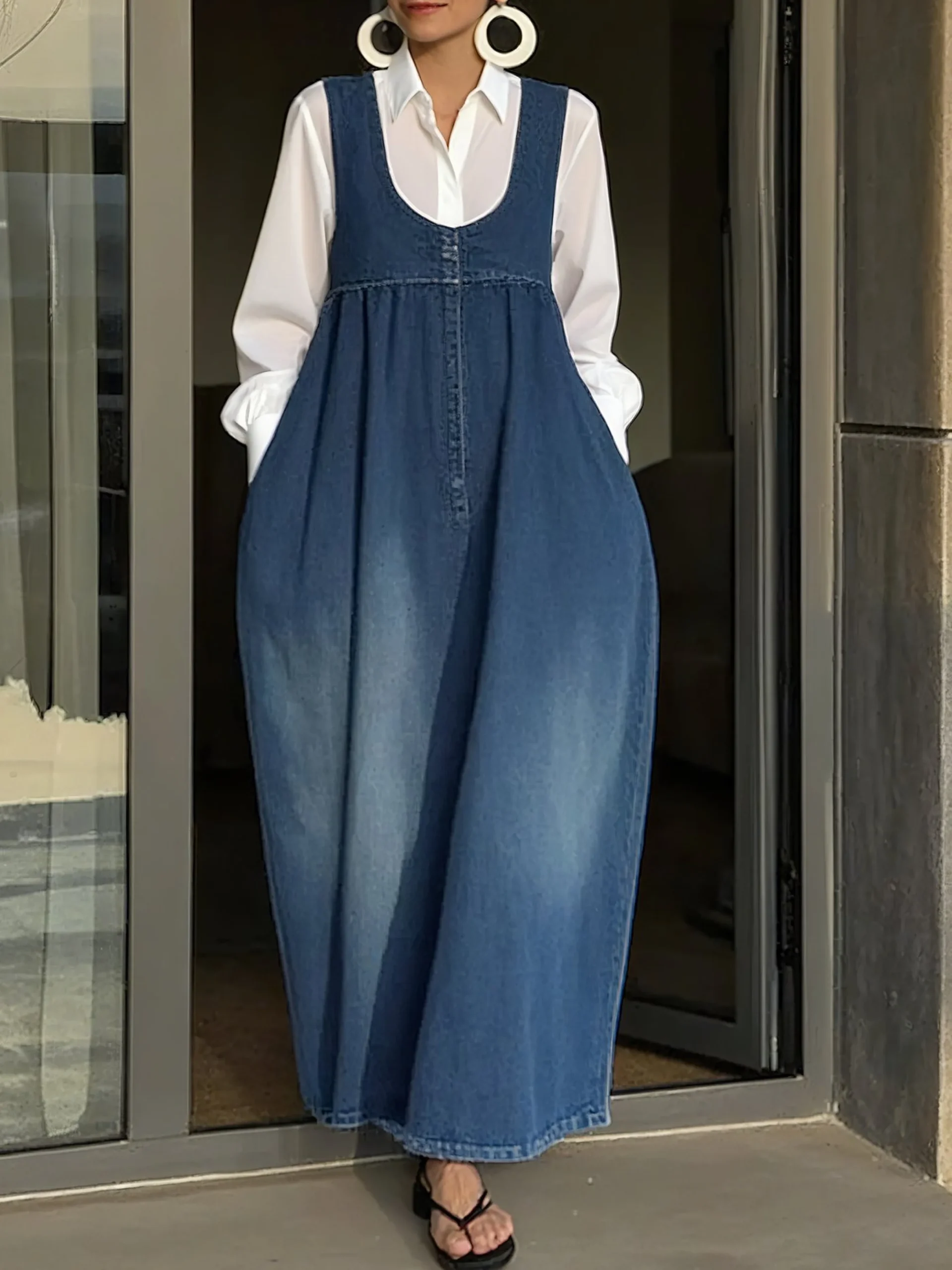 Casual Plain Distressing U-Neck Denim Maxi Dress