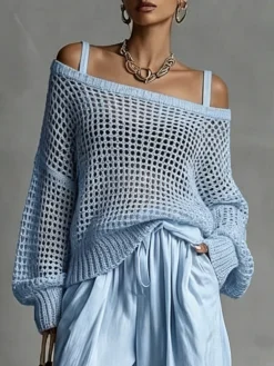 Casual Plain Hollow Out Cold Shoulder Knit Top