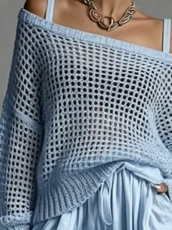 Casual Plain Hollow Out Cold Shoulder Knit Top