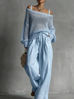 Casual Plain Hollow Out Cold Shoulder Knit Top
