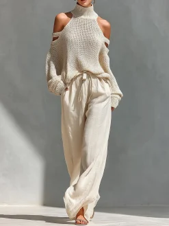 Casual Plain Hollow Out Turtleneck Sweater