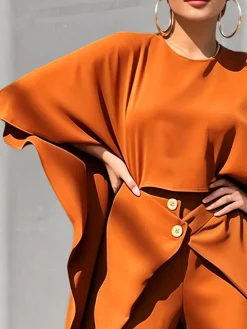 Casual Plain Irregular Craftsmanship Crew Neck Blouse