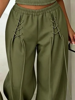 Casual Plain Lace-up Straight Pants