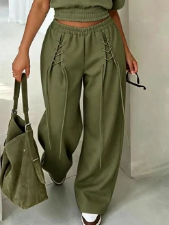Casual Plain Lace-up Straight Pants