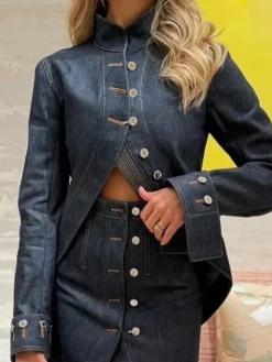 Casual Plain Mock Neck Denim Jacket