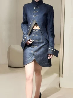 Casual Plain Mock Neck Denim Jacket