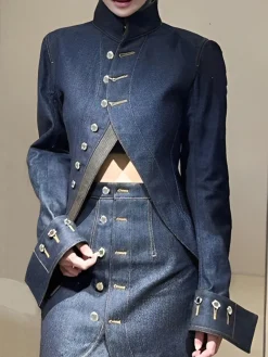 Casual Plain Mock Neck Denim Jacket