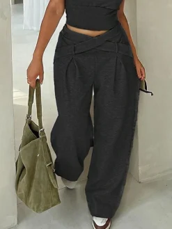 Casual Plain Pockets Cross Fashion Pants