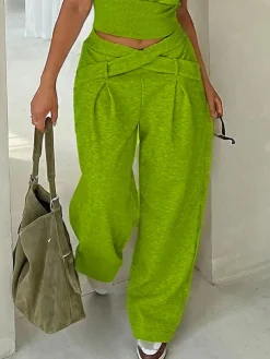 Casual Plain Pockets Cross Fashion Pants