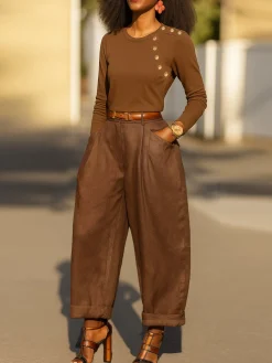 Casual Plain Pockets Turnip Pants No Belt