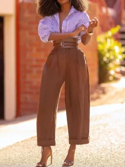 Casual Plain Pockets Turnip Pants No Belt