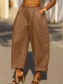 Casual Plain Pockets Turnip Pants No Belt