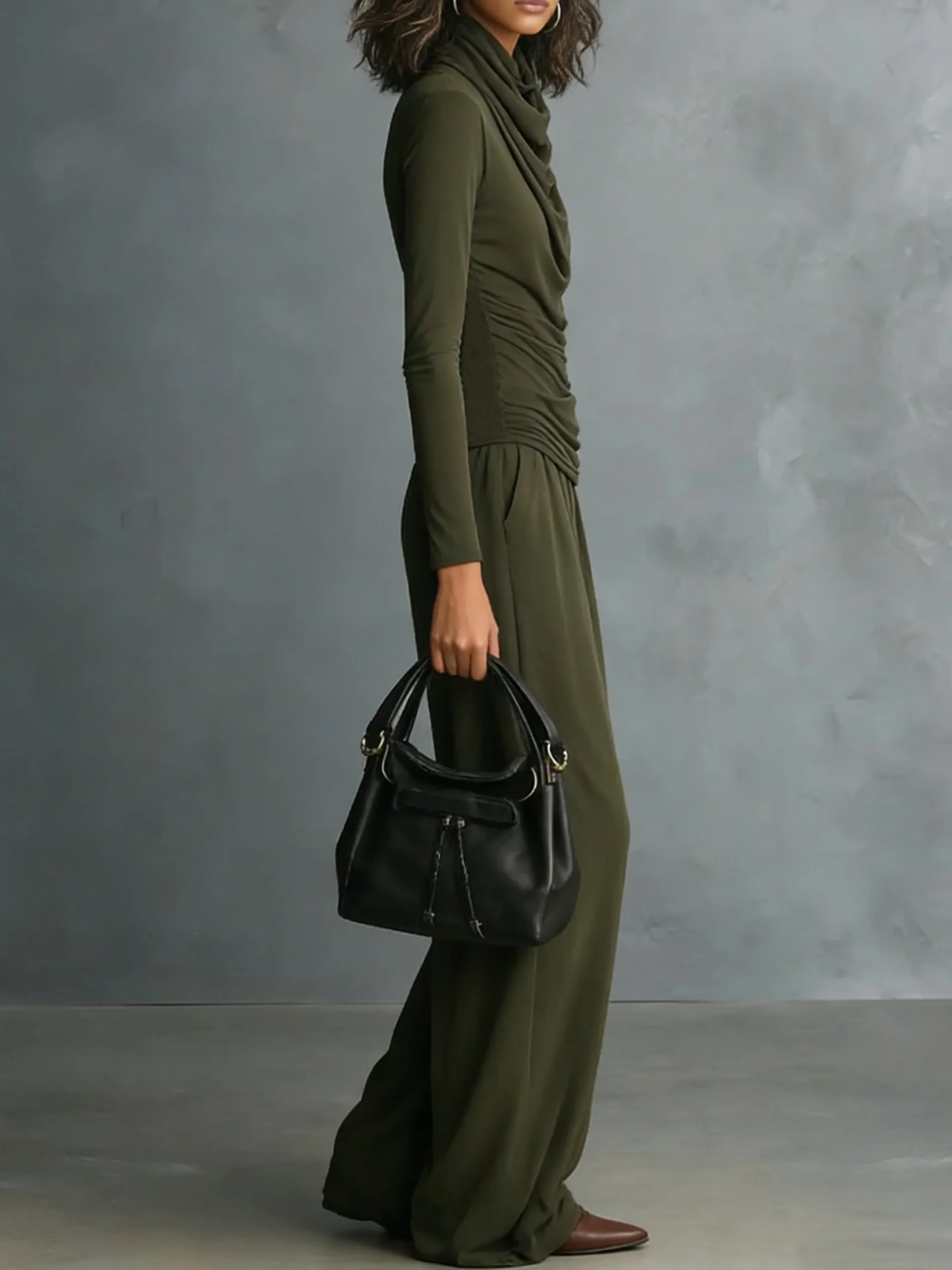 Casual Plain Ruched Cowl Neck T-shirt