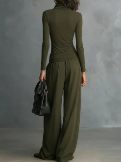 Casual Plain Ruched Cowl Neck T-shirt