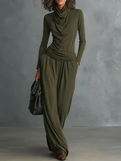 Casual Plain Ruched Cowl Neck T-shirt