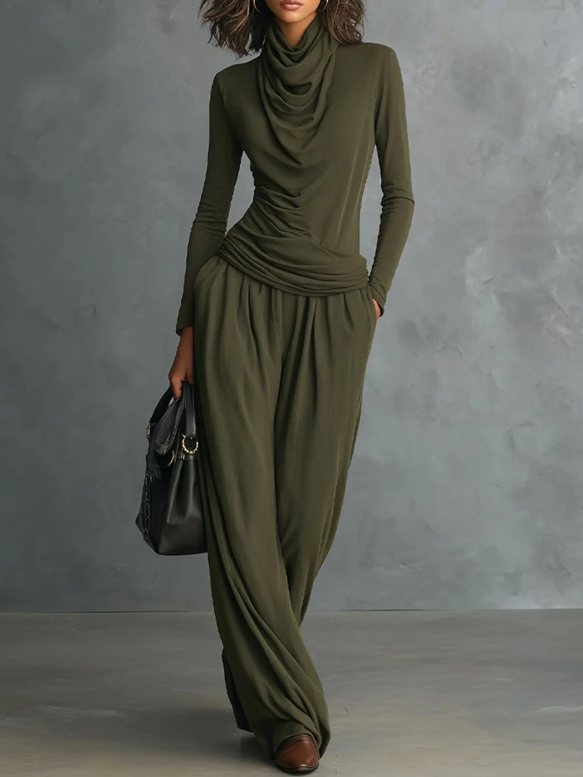 Casual Plain Ruched Cowl Neck T-shirt