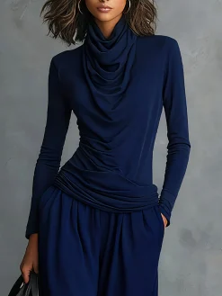 Casual Plain Ruched Cowl Neck T-shirt