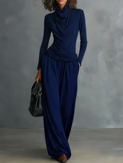 Casual Plain Ruched Cowl Neck T-shirt