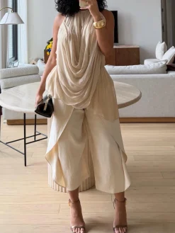 Casual Plain Ruched Crew Neck Blouse