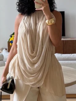 Casual Plain Ruched Crew Neck Blouse