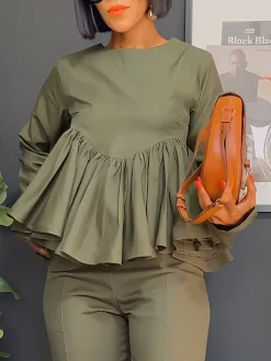 Casual Plain Ruched Crew Neck Blouse