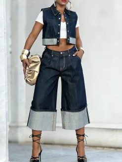Casual Plain Shawl Collar Soft Tencel Denim Vest