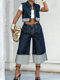 Casual Plain Shawl Collar Soft Tencel Denim Vest