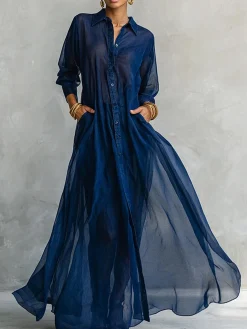 Casual Plain Split Joint Shirt Collar Maxi Dress
