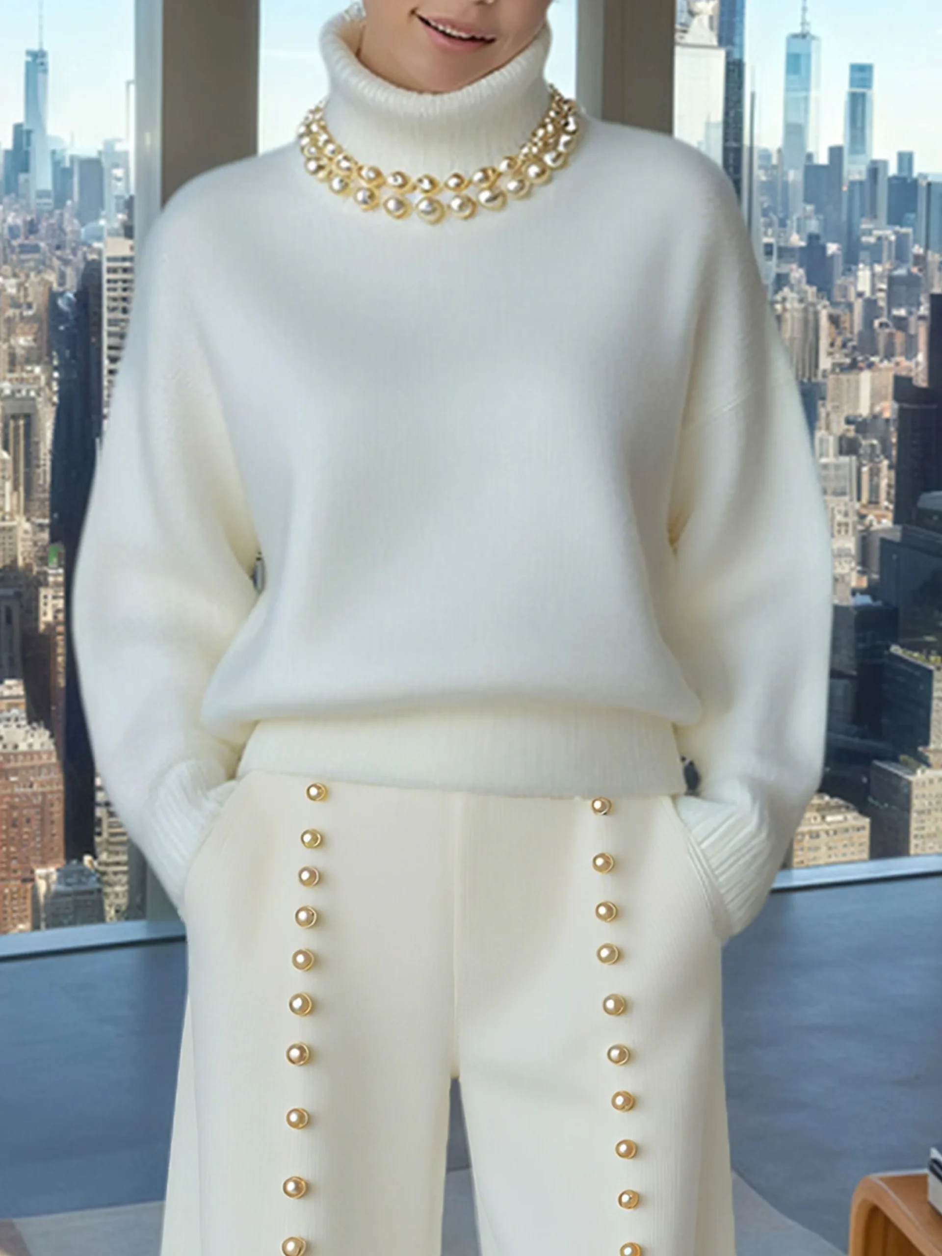 Casual Plain Turtleneck Loosen Sweater With White Pearl Choker