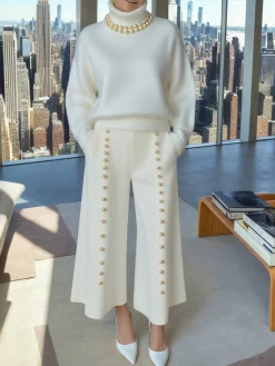 Casual Plain Turtleneck Loosen Sweater With White Pearl Choker