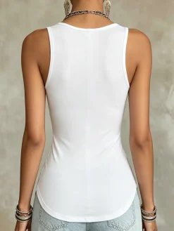 Casual Plain Zipper Crew Neck Tank Top