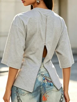 Casual Plain Zipper T-shirt